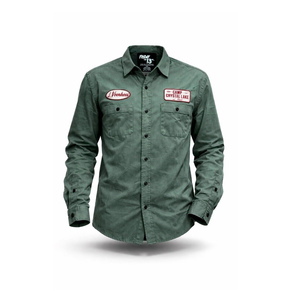 Friday the 13th Shirt Mens L Green Camp Crystal Lake J. Voorhees Patch Workwear